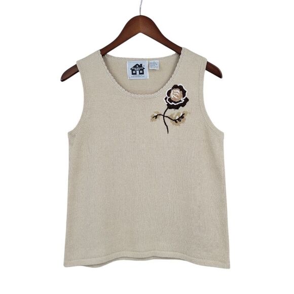 Storybook Knits Tank Tank Top with Brown Beaded Flower Coastal Grandma - Picture 1 of 10